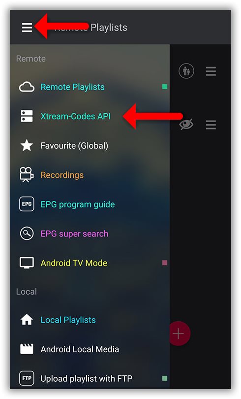 Selecting Xtream-Codes API in GSE Smart IPTV app