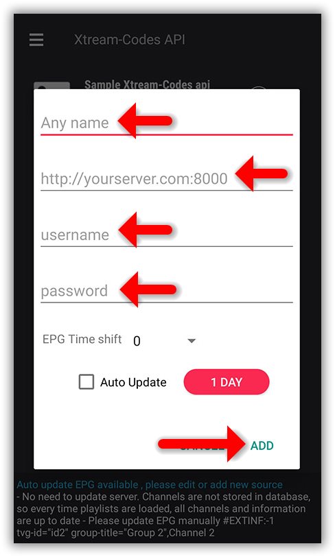 Entering Xtream-Codes credentials in GSE Smart IPTV