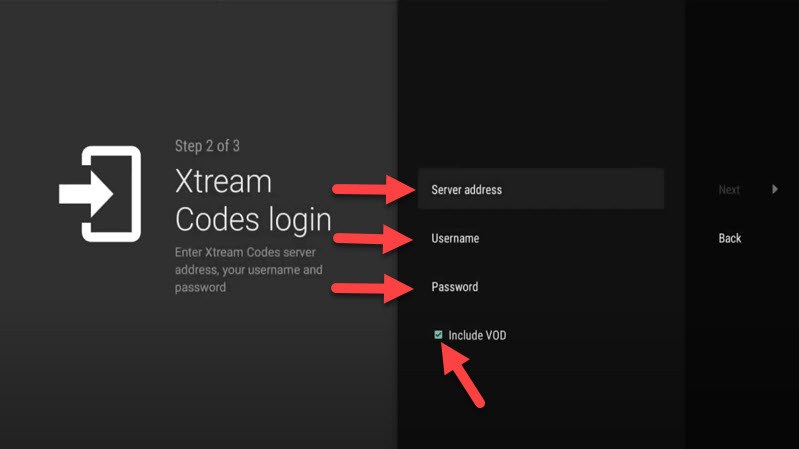 Entering Xtream Codes credentials in TiviMate
