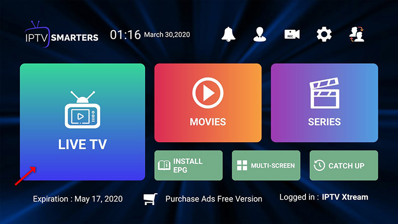 Live TV section in IPTV Smarters Pro
